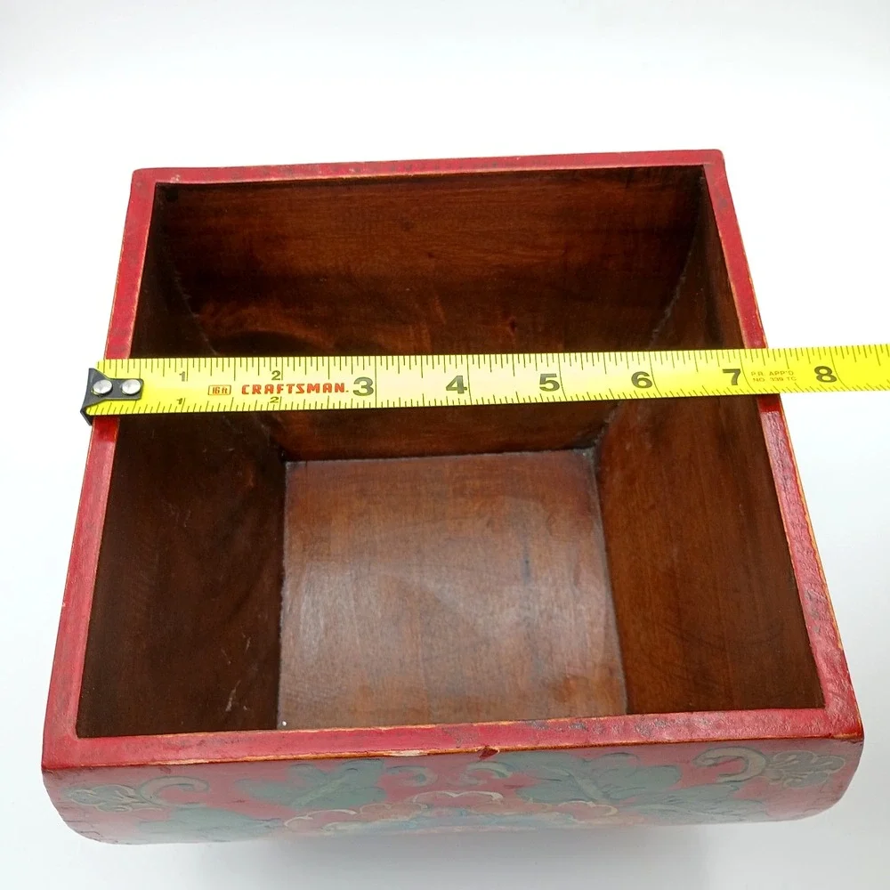 Wooden Dou Rice Grain Box Bucket‎ Red Floral Design Dove Tailed Corners
